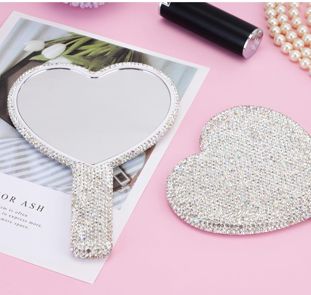 Sparkling Rhinestone Heart Shaped Handheld Mirror